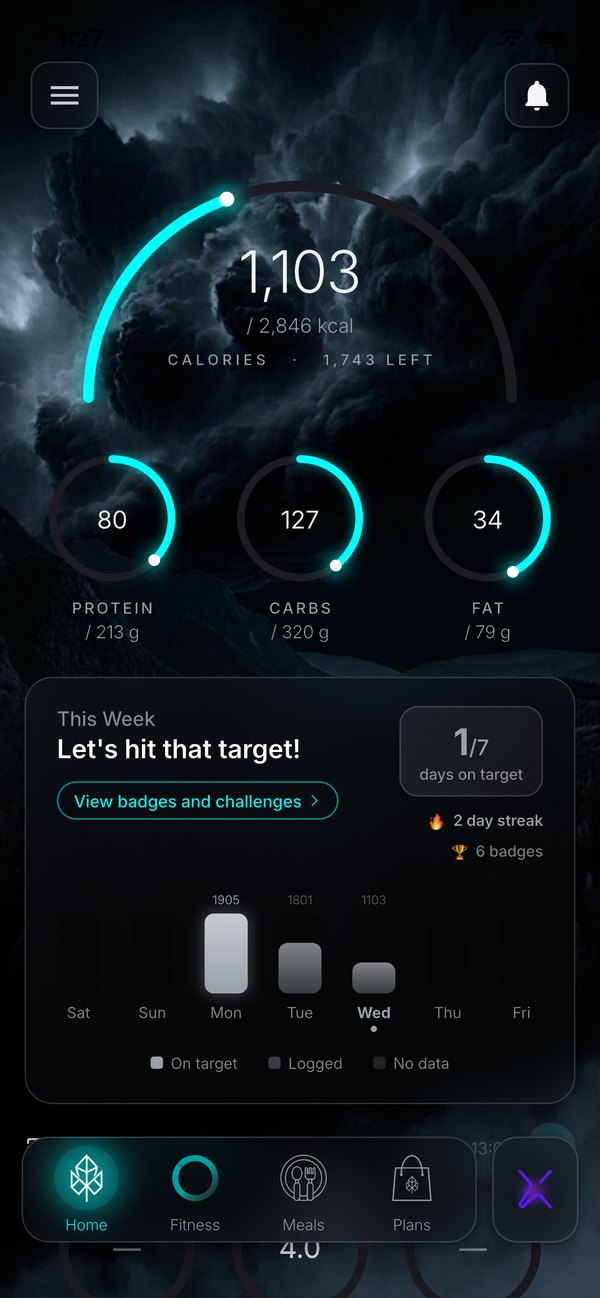 ELEMENTS app — daily dashboard with calories, macros and readiness rings