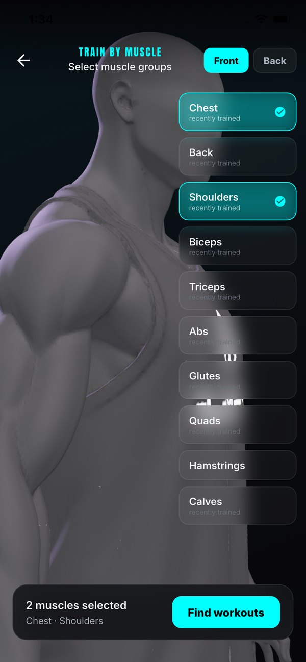 ELEMENTS app — train by muscle group selector